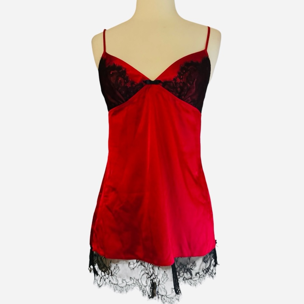 Victoria’s Secret Ultra Mini Red Silky Chemise Slip w/ Black Levers Lace, Small